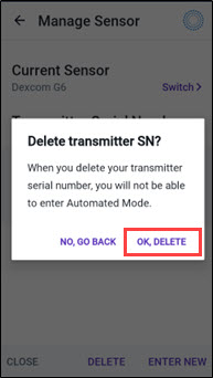 Omnipod 5 Transmitter Not Found OK Delete SN