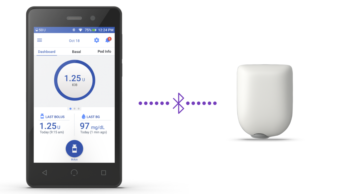 Omnipod DASH connected via bluetooth with Pod graphic