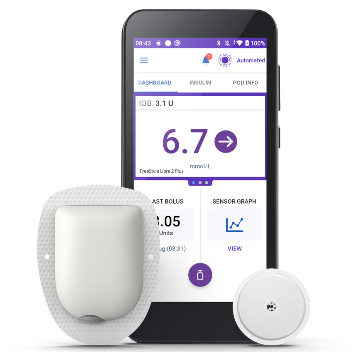 Omnipod 5 Pod with adhesive and FreeStyle Libre 2 Plus mmol/L
