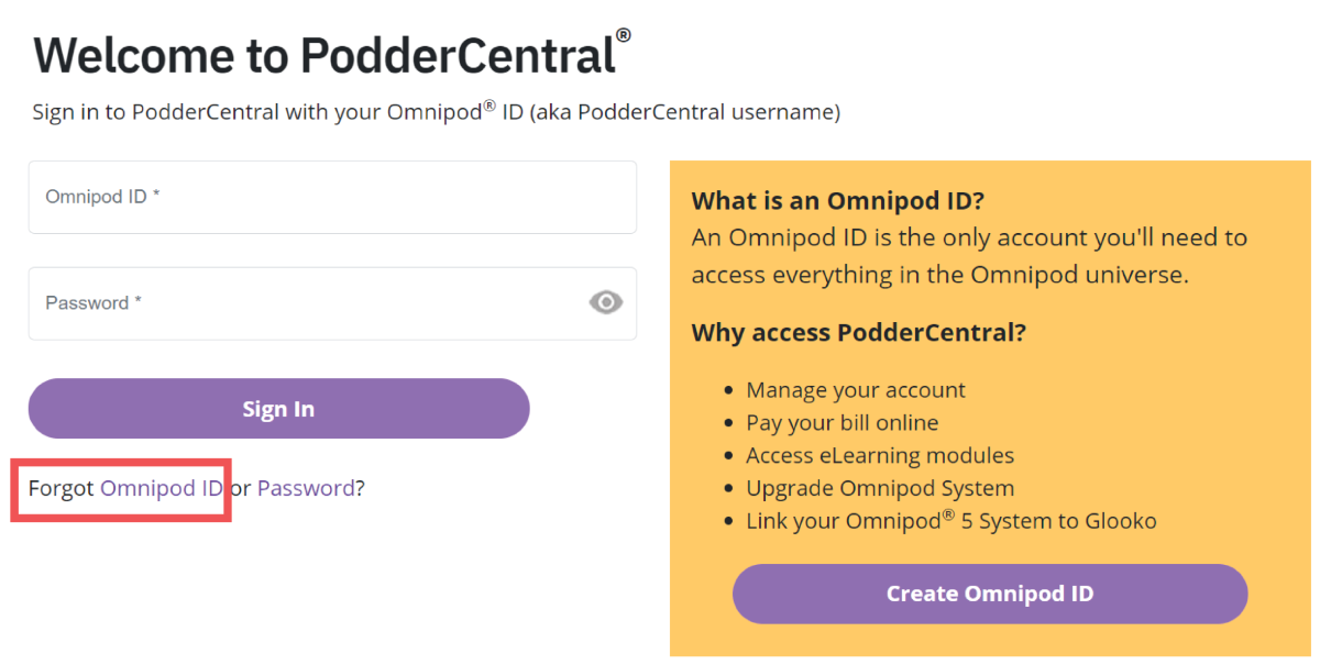 Omnipod 5 PodderCentral Forgot ID linked text location