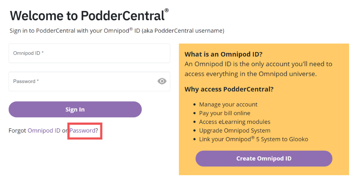Omnipod 5 PodderCentral Forgot Password linked text location