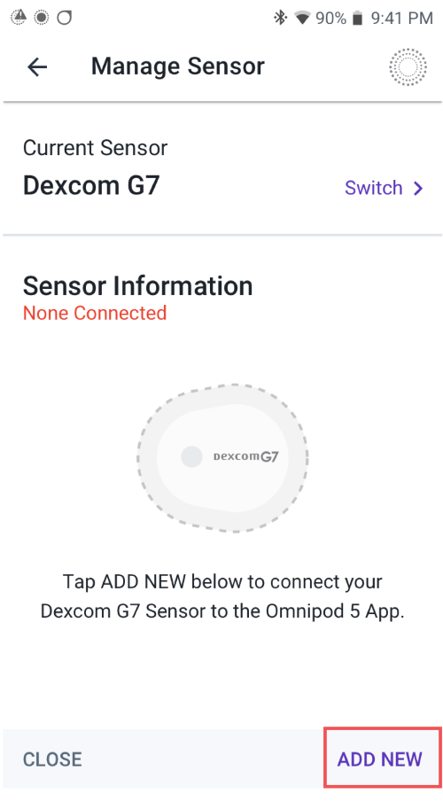 Omnipod 5 Dexcom G7 Manage Sensor Add instructions