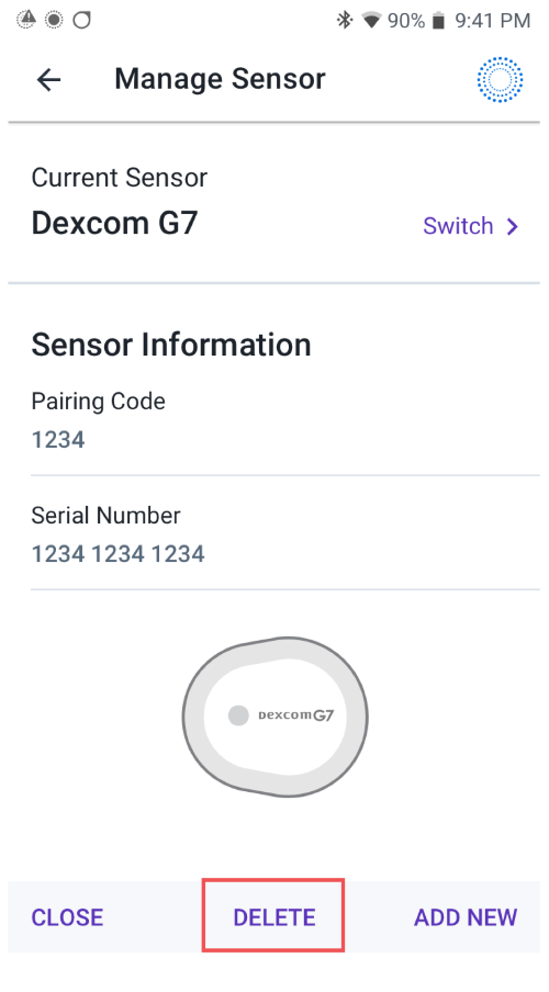 Omnipod 5 Dexcom G7 FAQs Manage Sensor Delete menu settings