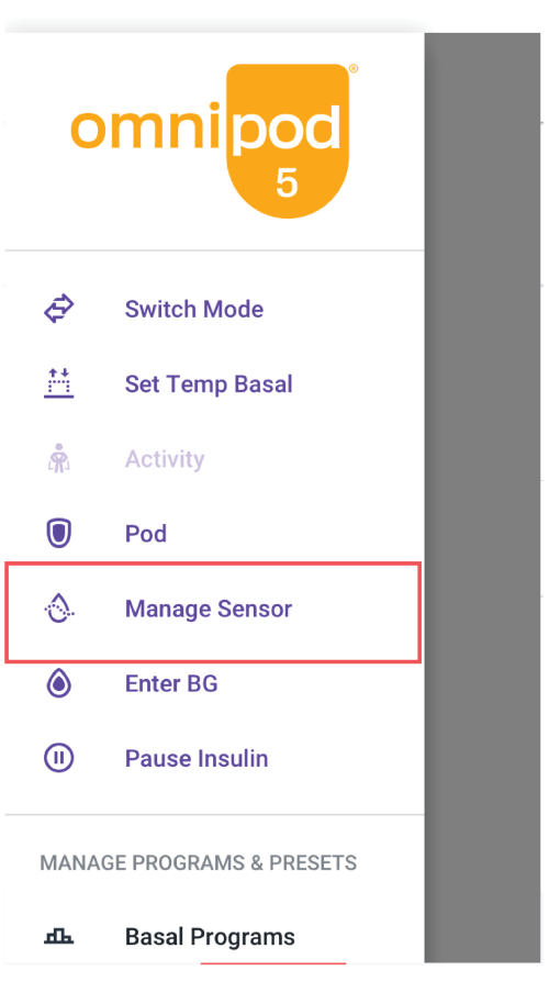 Omnipod 5 Dexcom G7 Manage Sensor Menu screenshot