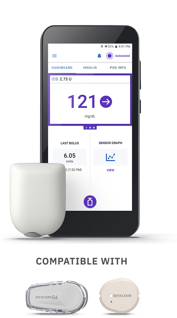 Omnipod 5 Pod compatible with Dexcom G6 and G7 no adhesives shown