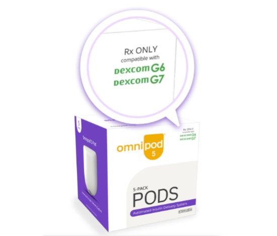 Omnipod 5 Pods compatible with Dexcom G6 and Dexcom G7 box art