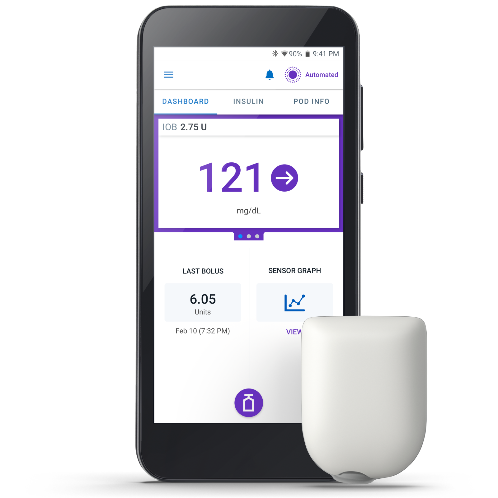 Omnipod 5 with Pod on the right no adhesive