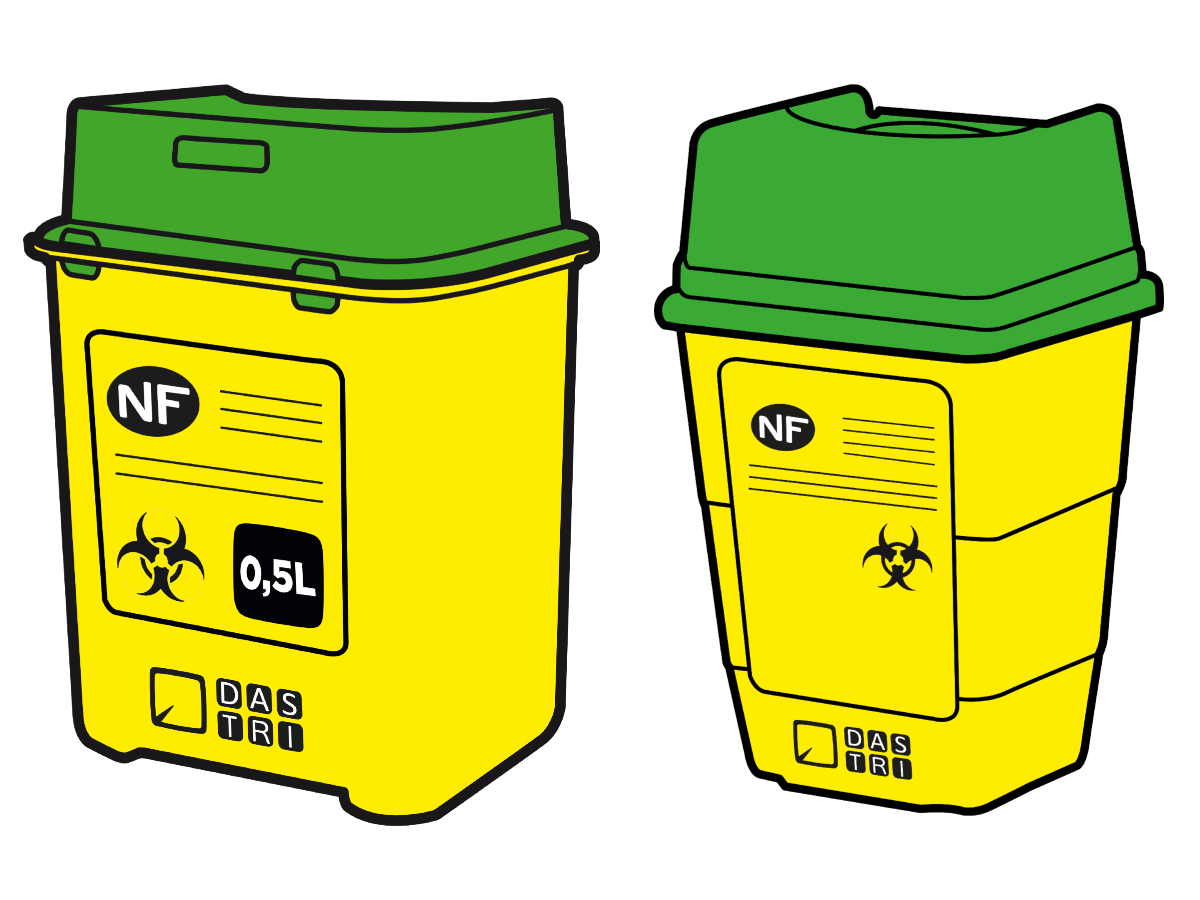 Yellow bins with green lids for where you dispose of needles for Omnipod Pods in French