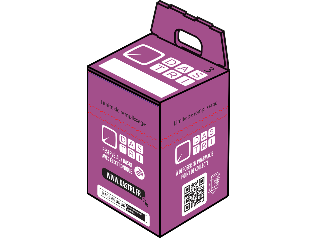 Purple recycling box with text in French