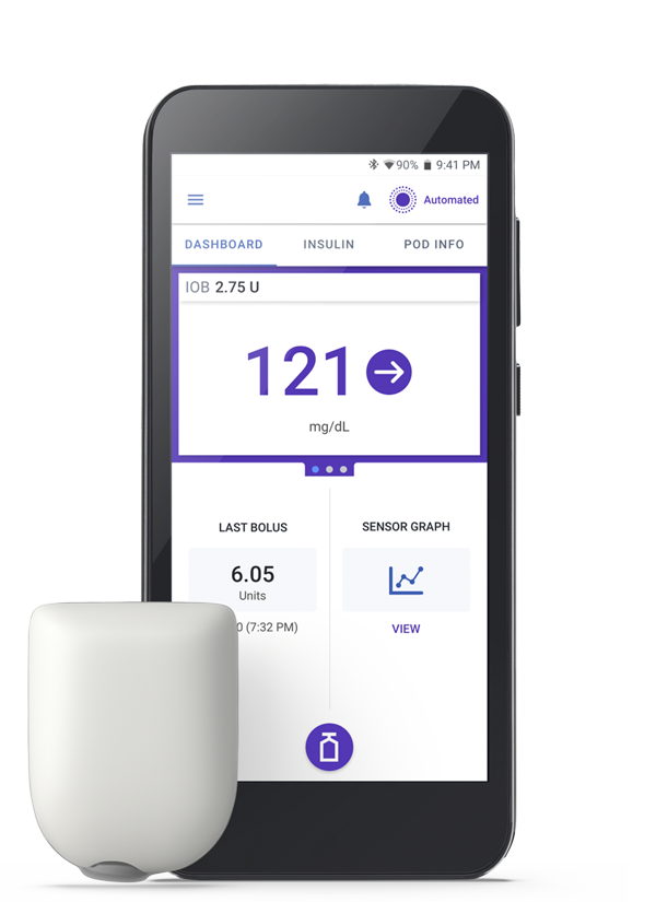 Omnipod 5 Controller with Pod on the left