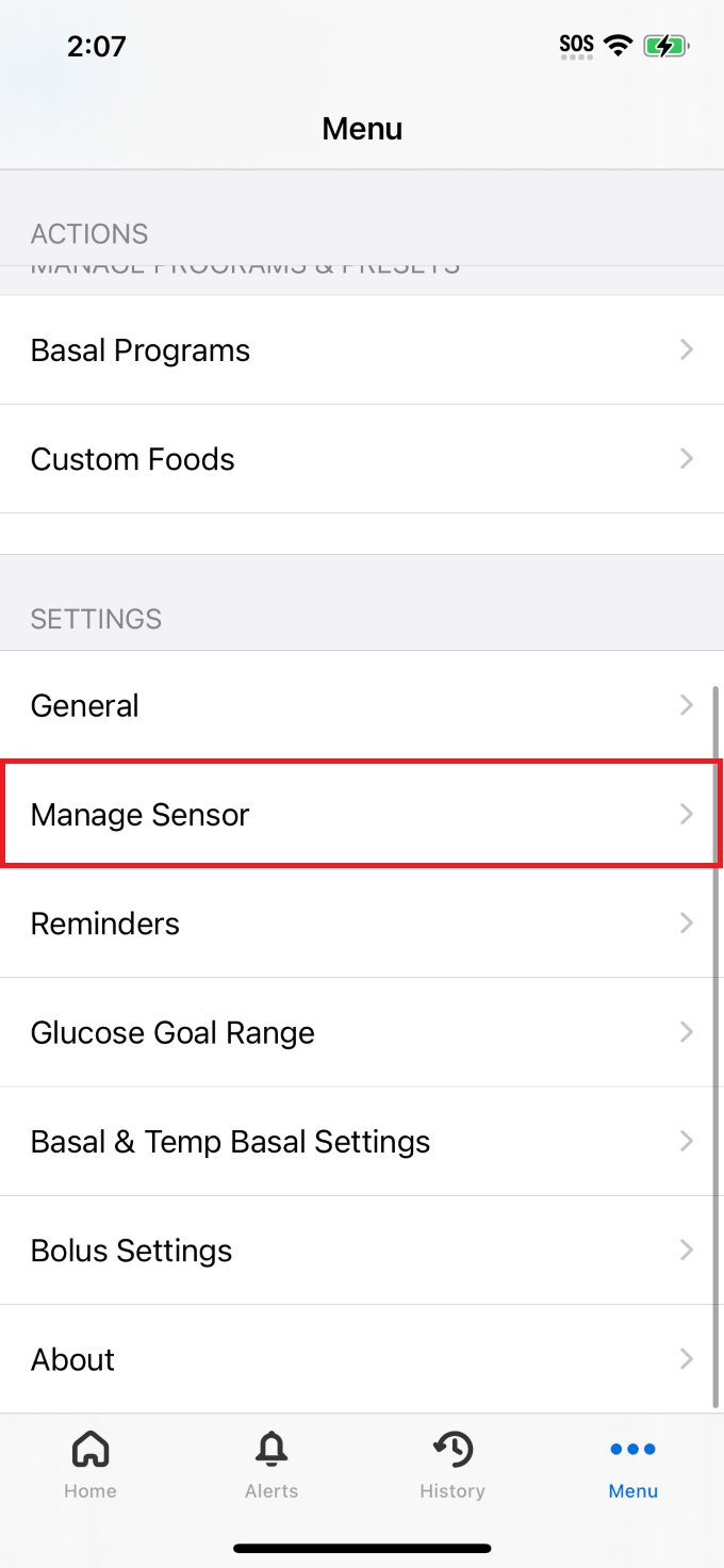 Omnipod 5 for iPhone menu "Manage Sensor" screen