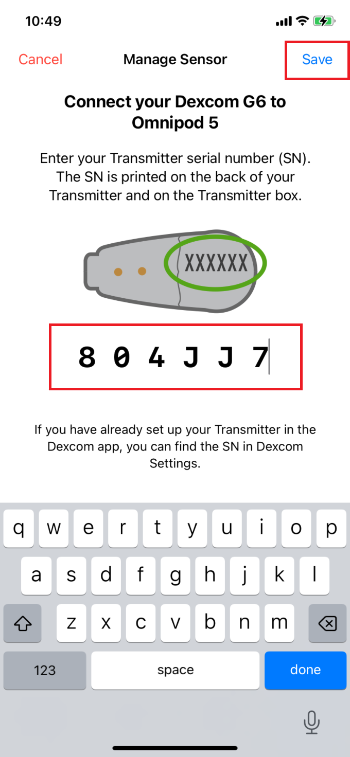 Omnipod 5 for iPhone "Re-enter transmitter SN and then click Done" screen