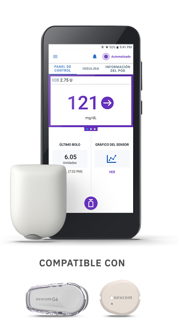 Omnipod 5 with Pod (no adhesive shown) and compatible with Dexcom G6 and G7 below it