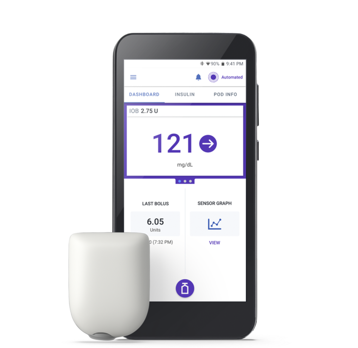 Omnipod 5 with Pod and no adhesive shown on a transparent background