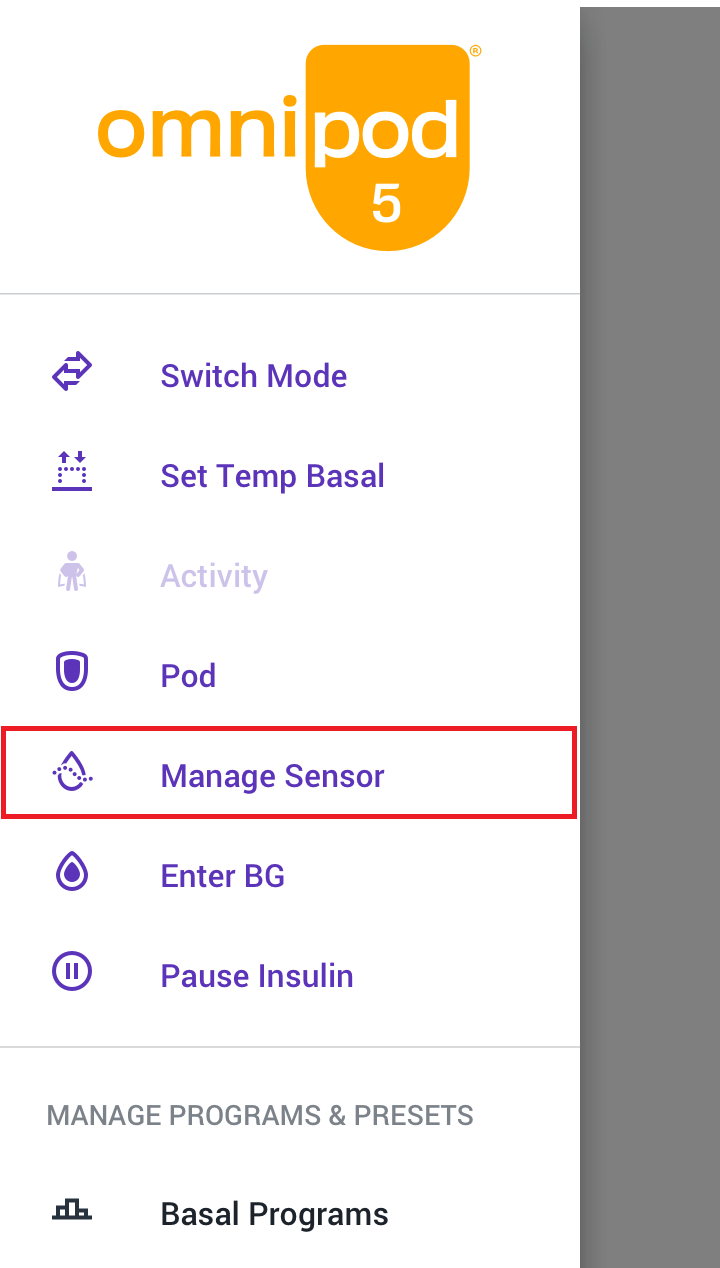 Omnipod 5 with FreeStyle Libre 2 Plus "Manage Sensor" within menu