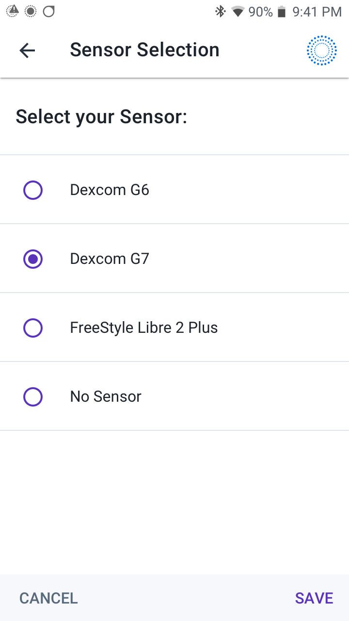 Sensor Selection screen with Dexcom G7 selected, but with FreeStyle Libre 2 Plus as an option