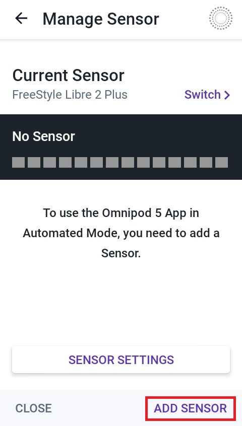 Omnipod 5 with FreeStyle Libre 2 Plus "Add Sensor" screen