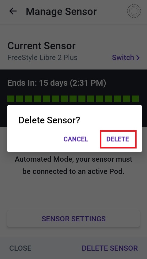 Omnipod 5 with FreeStyle Libre 2 Plus "Confirm Delete Sensor" message