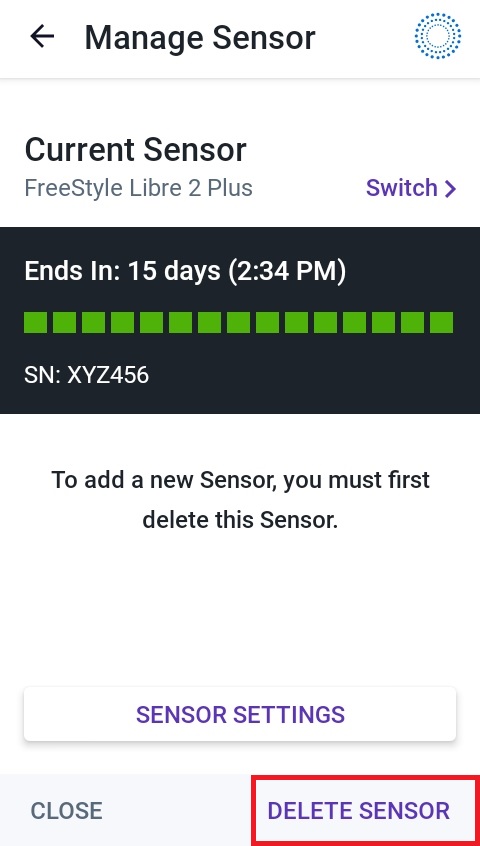 Omnipod 5 with FreeStyle Libre 2 Plus "Delete Sensor" screen