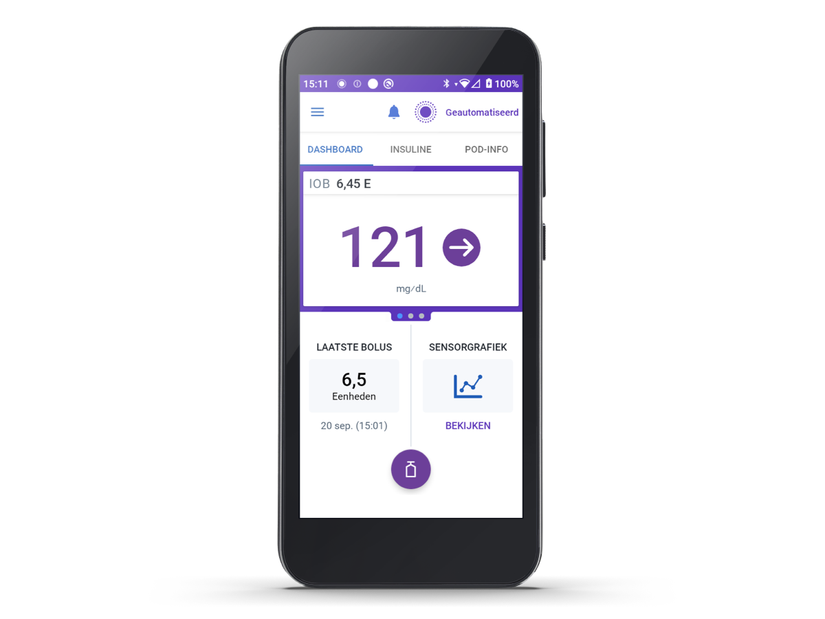 Omnipod 5 Controller in NL-BE with mg/DL on a transparent background