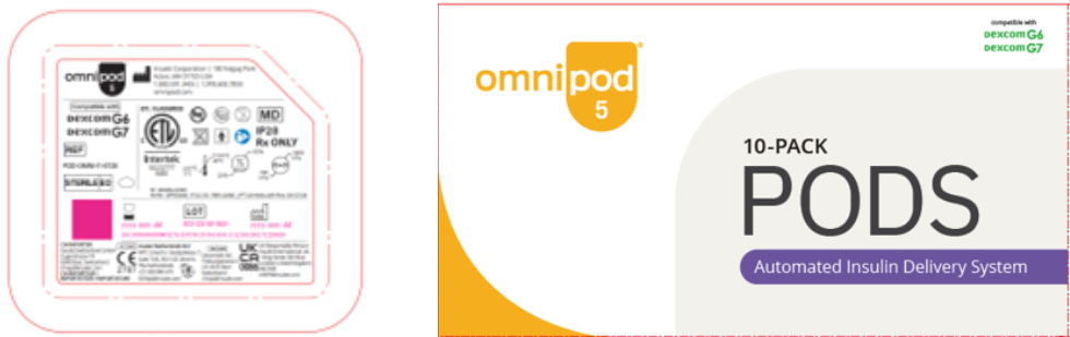 Omnipod Pod tray lid and box of Pods for Dexcom G6 and G7 in English