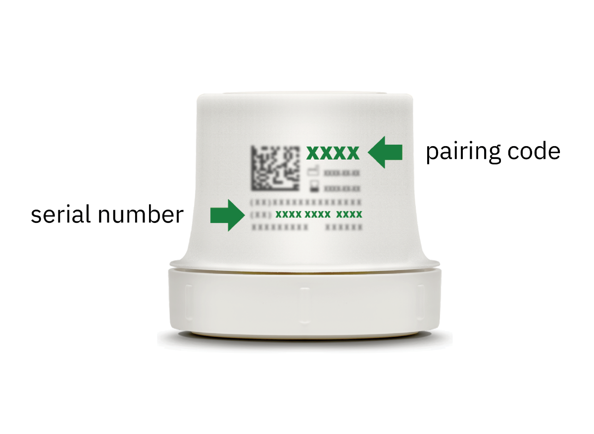 Omnipod 5 Dexcom applicator labeled with "serial number" and "pairing code"