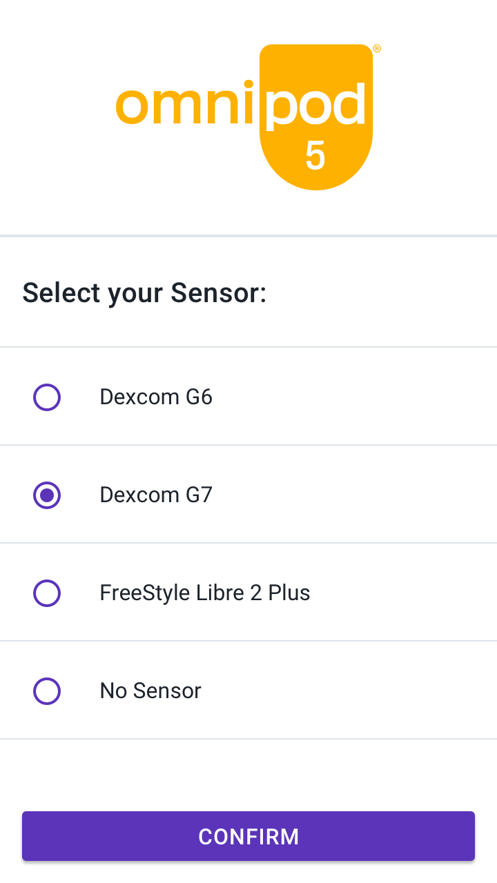 Omnipod 5 Dexcom G7 Sensor Select Confirm menu of options