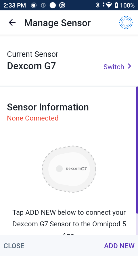 Omnipod 5 Dexcom G7 Manage Sensor Current Sensor "Add New" option