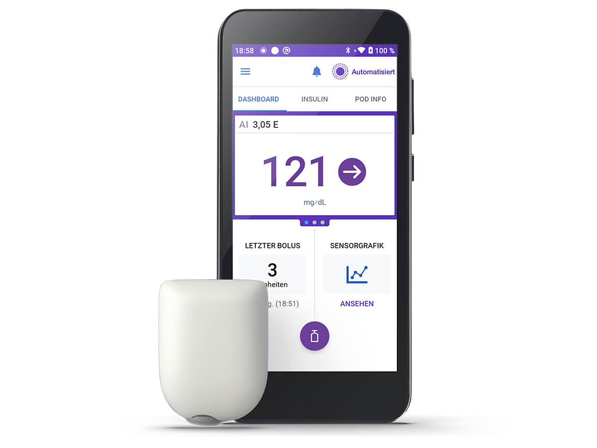Omnipod 5 with Pod on the left (with no adhesive) using mg/dL and text in German