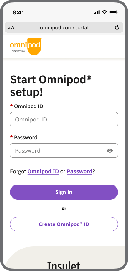 Screen for Omnipod 5 setup with the text "Start Omnipod setup!"