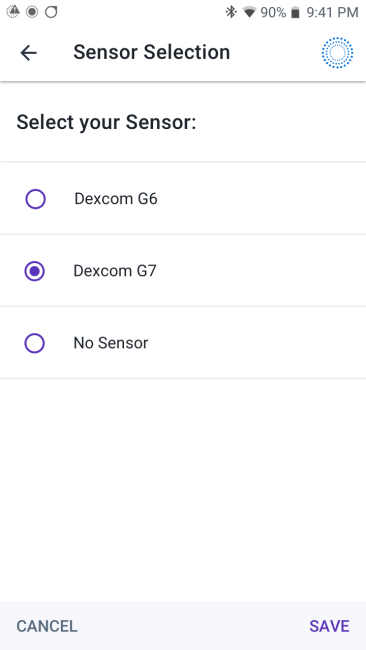 Omnipod 5 Sensor Selection option showing Dexcom G7 as the selected sensor